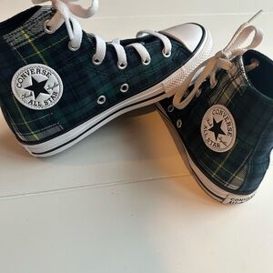 Converse Kids High Top Sneakers in Green Plaid with White Trim
